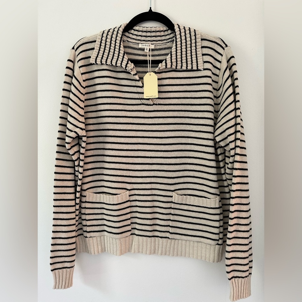 NWT JODIFL Striped Knit Split Neck Sweater Size L
